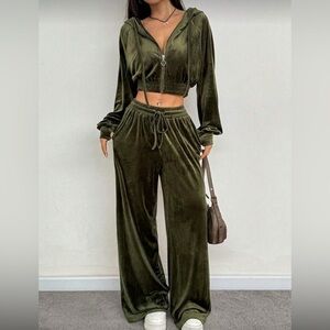 Olive Green Velour Tracksuit Set
